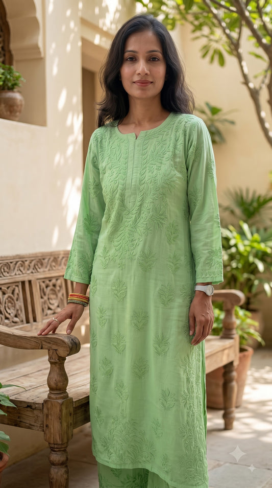 Rayon 3D Chikankari Kurta Set- Green