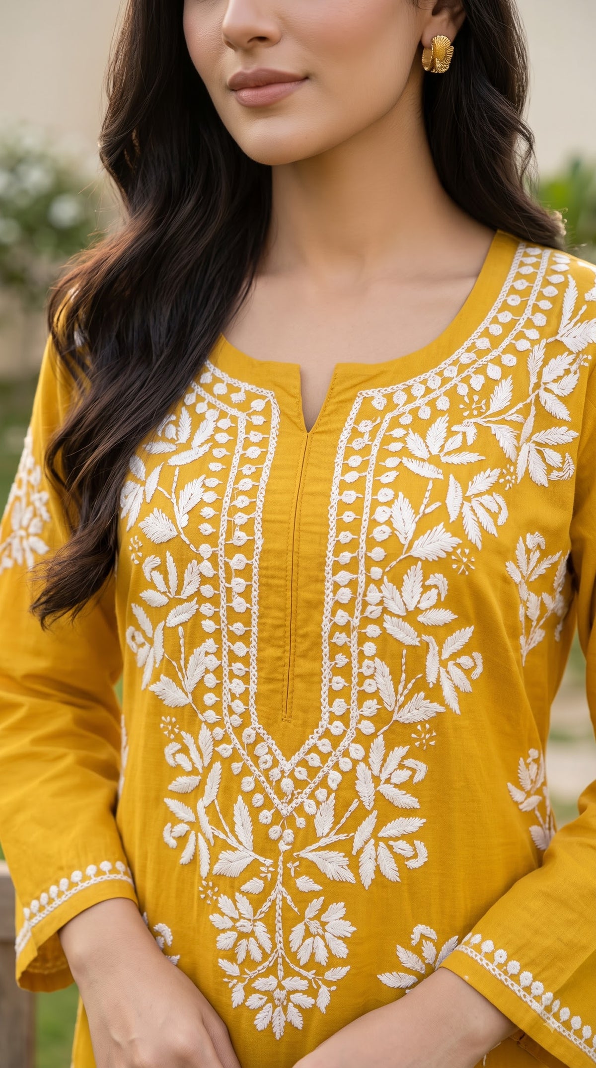 Modal Chikankari Solid Women's 2PC Long Kurta Set- Yellow