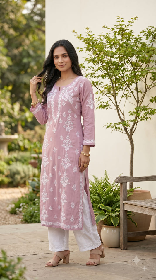Modal Side Panel Chikankari Women's long Kurta - Mauve