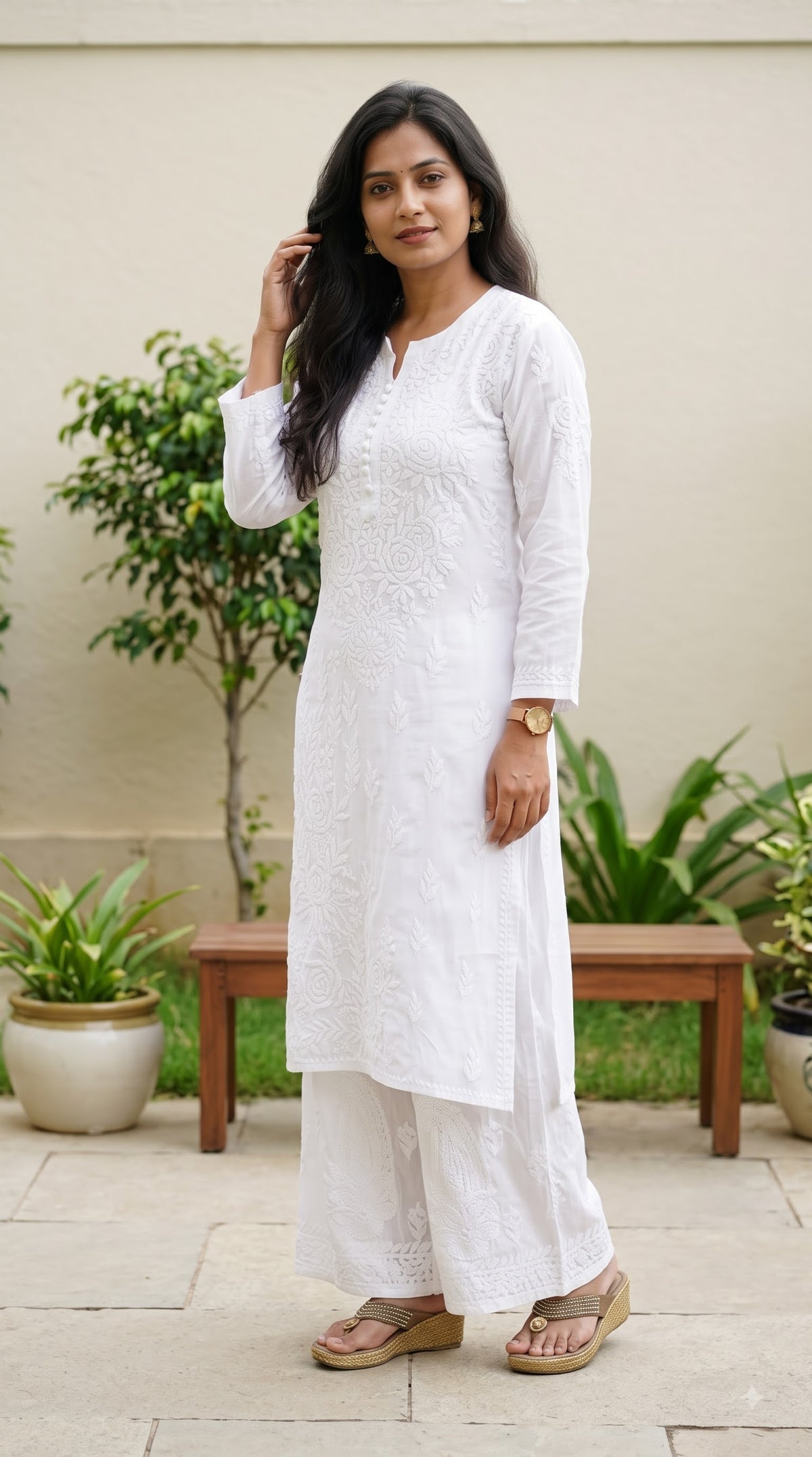 Viscose Chikankari Solid Women's Long Kurta with Inner - White