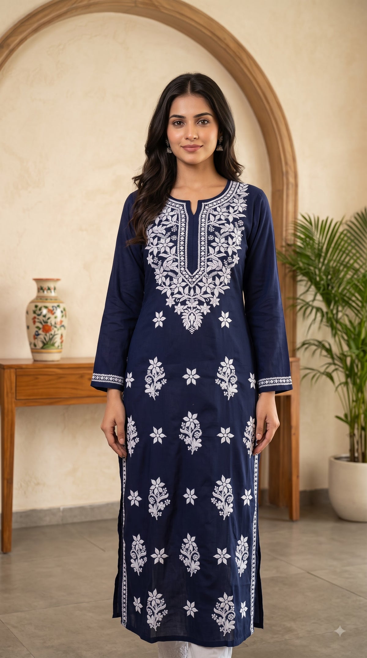 Rayon Chikankari Women's Long Kurta - Navi Blue