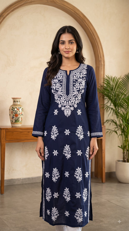 Rayon Chikankari Women's Long Kurta - Navi Blue