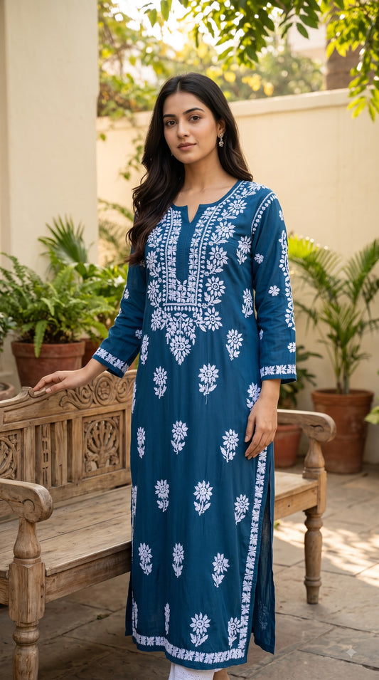 Rayon Chikankari 3D Long Kurta - Blue