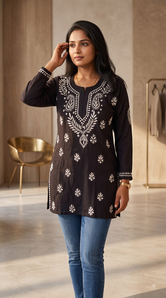 Modal Chikankari Women's Short Kurta - Black