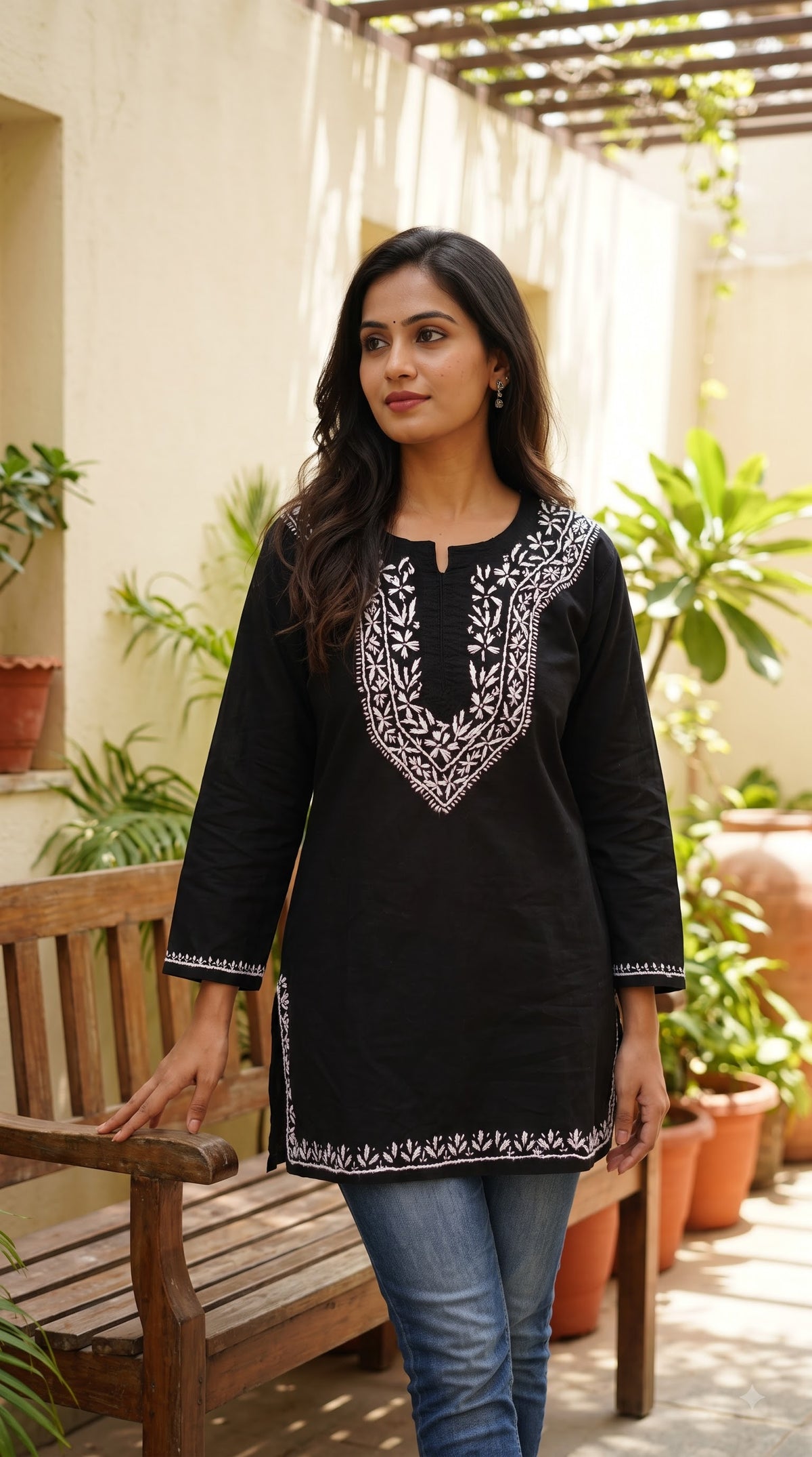 Cotton Chikankari Women's Short Kurta - Black