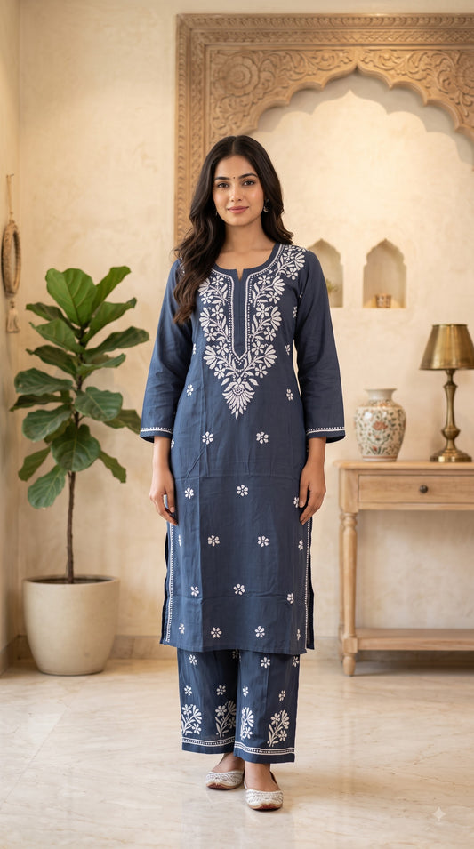 Rayon Chikankari Long Kurta Set- Gray