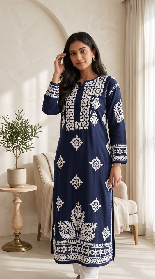 Modal 3D Chikankari Long Kurta - Navi Blue