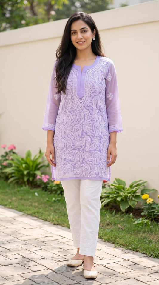 Georgette Chikankari Women's Short Kurta with Inner - Lavender
