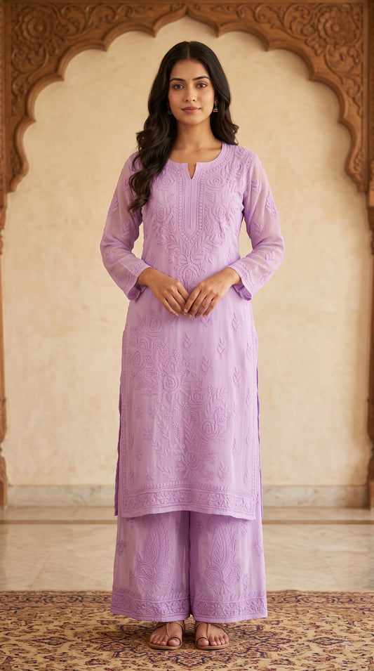 Viscose Chikankari Solid Women's Long Kurta set with Inner - lavender
