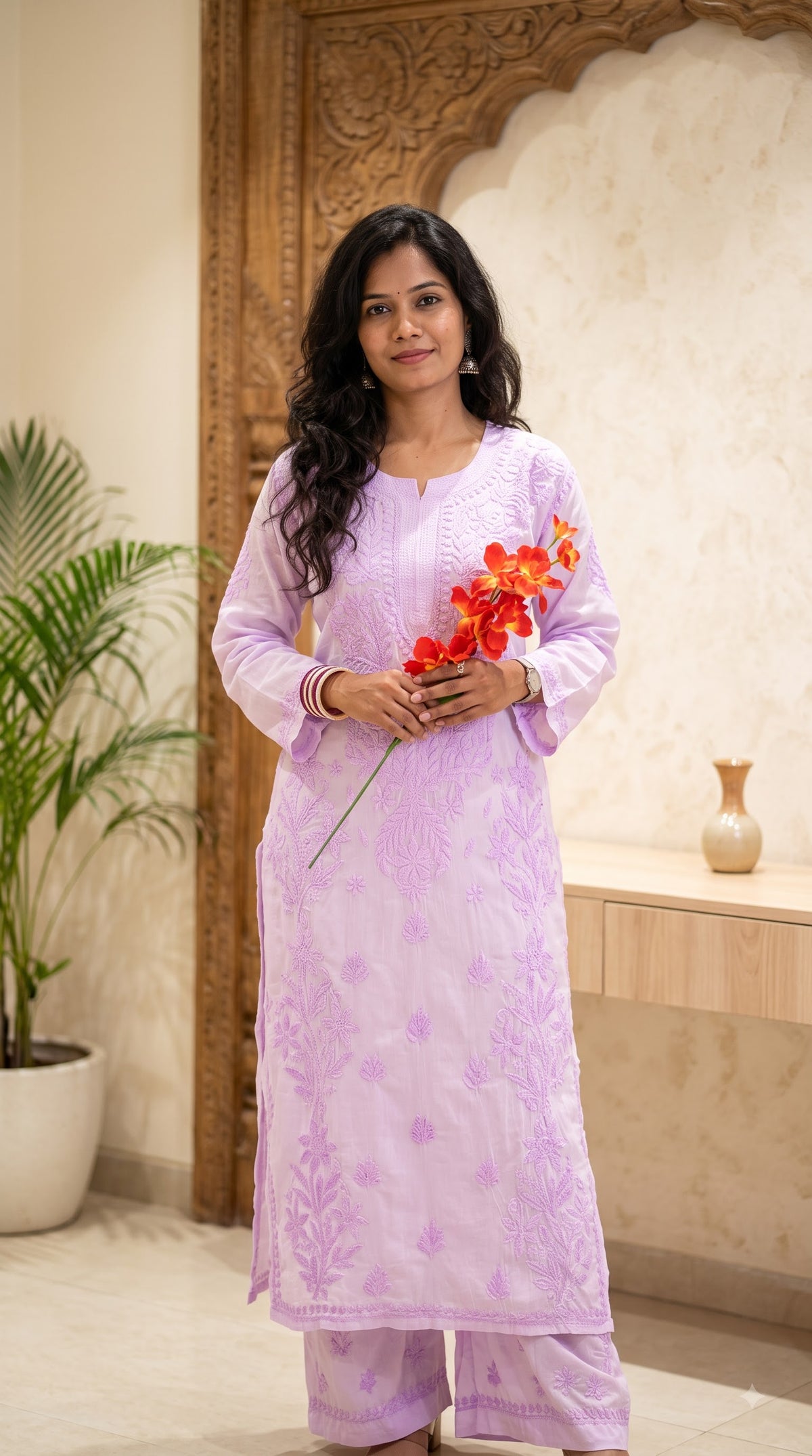 Modal 3D Chikankari Long Kurta Set- Lavender