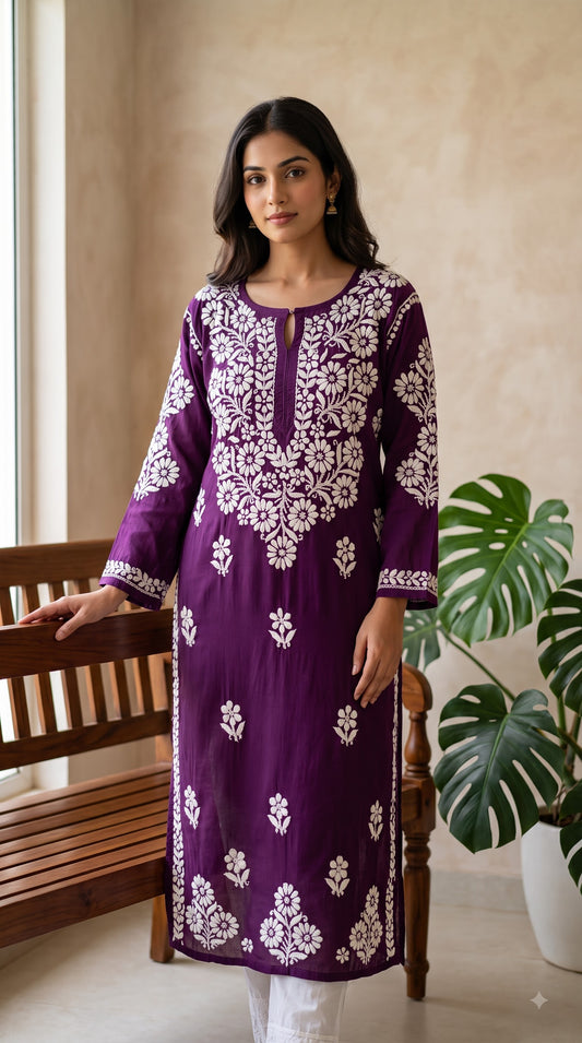 Modal 3D Chikankari Women's Long Kurta - Wine