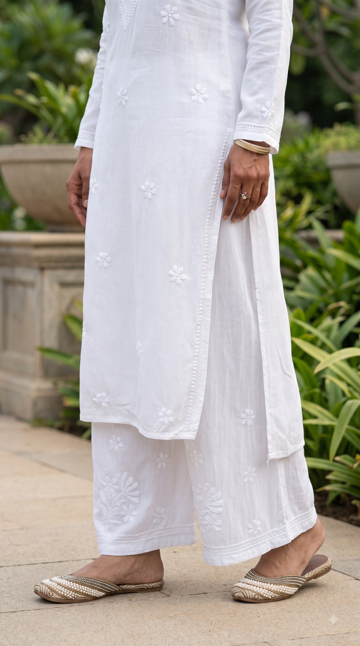 Rayon Chikankari Long Kurta Set- White