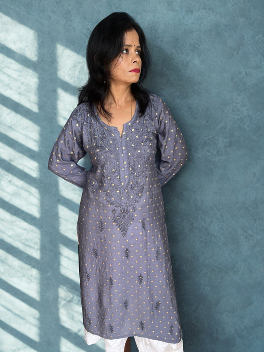 Chanderi Banarasi Dot Chikankari Solid Women's Long Kurta - Gray