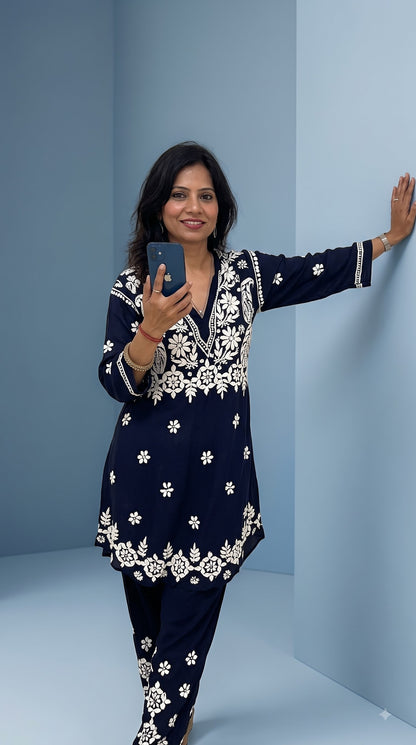 Modal 3D Chikankari Co-ord Set - Navi Blue