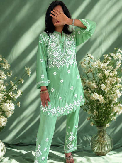 Modal 3D Chikankari Co-ord Set - Green