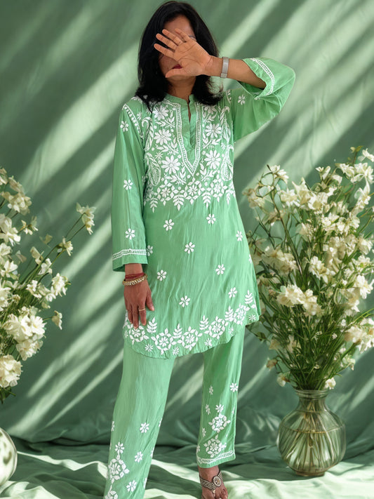 Modal 3D Chikankari Co-ord Set - Green