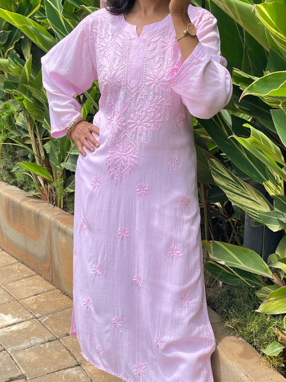 Modal Chikankari Women's Long Kurta - Pink