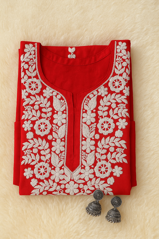 Cotton Chikankari Women's Long kurta - Red