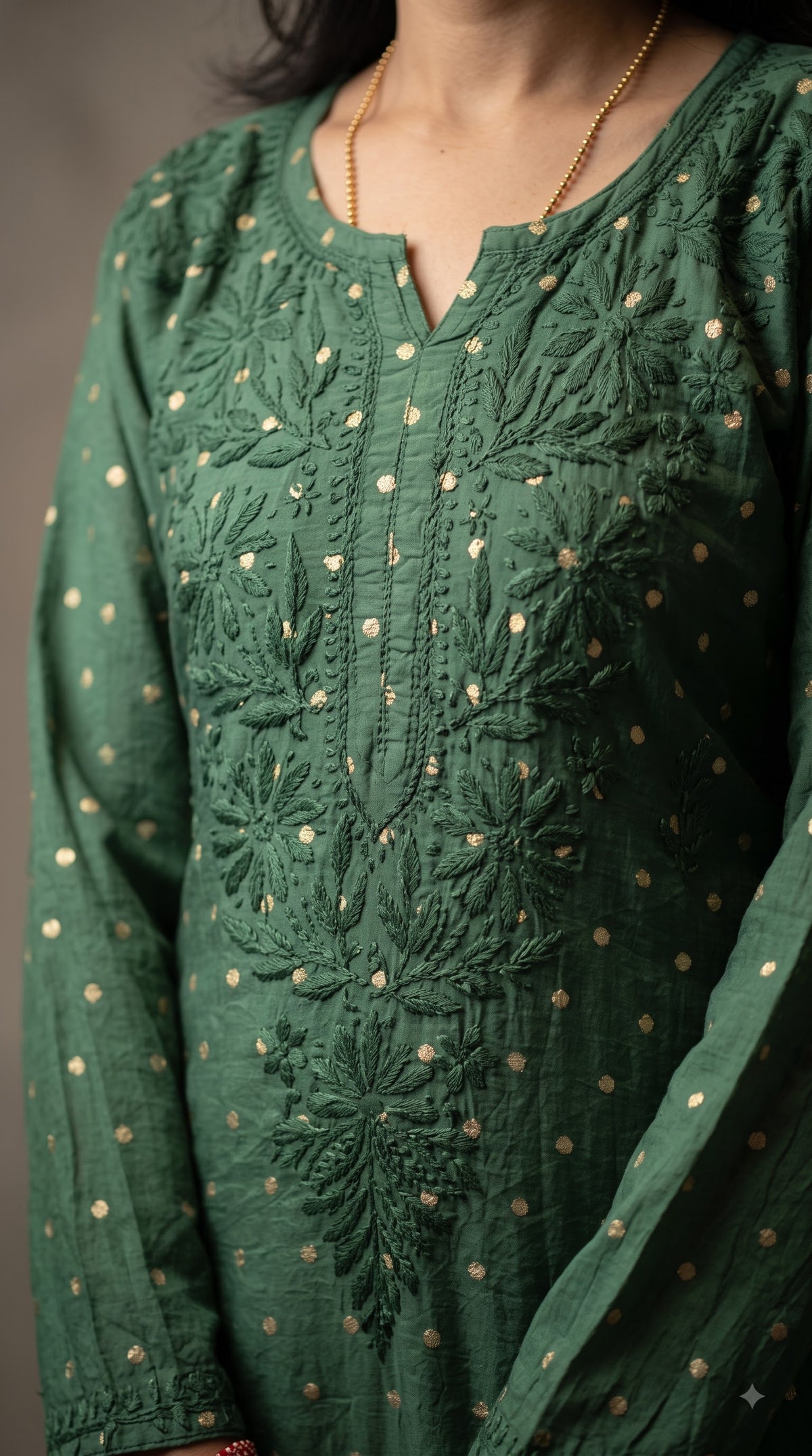 Chanderi Banarasi Dot Chikankari Solid Women's Long Kurta - Green