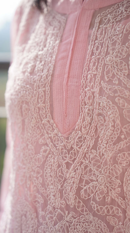 Georgette Chikankari Women's Short Kurta with Inner - Pink