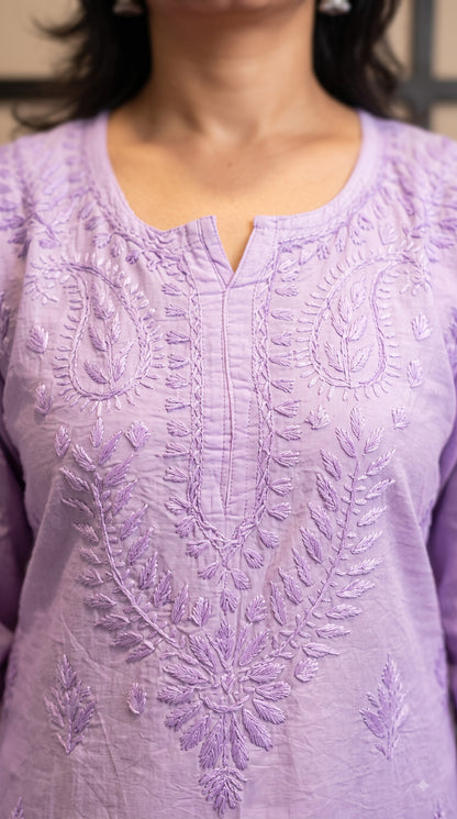 Chanderi Chikankari Solid Women's Short Kurta - Lavender