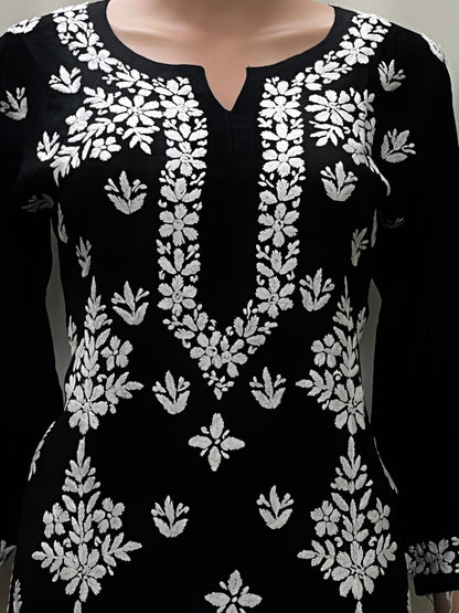 Modal Side Pannel Chikankari Women's Long Kurta - Black