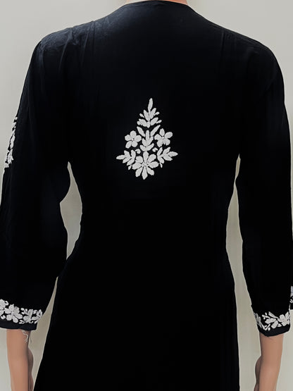 Modal Side Pannel Chikankari Women's Long Kurta - Black