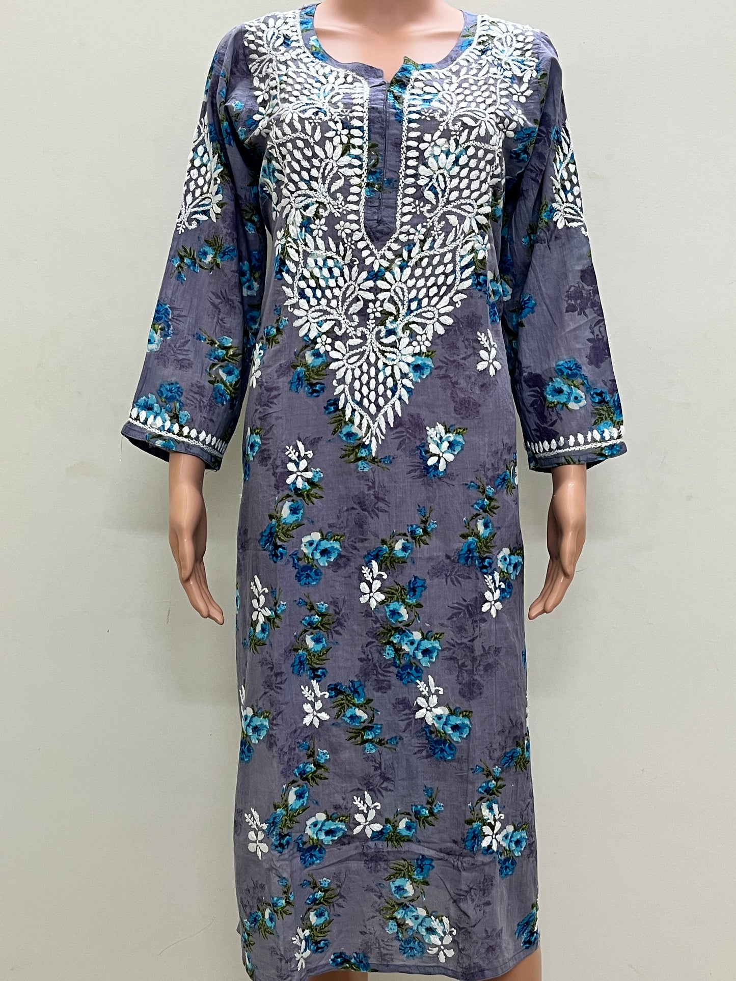 Mul Cotton Chikankari Printed Women's Long Kurta - Purple