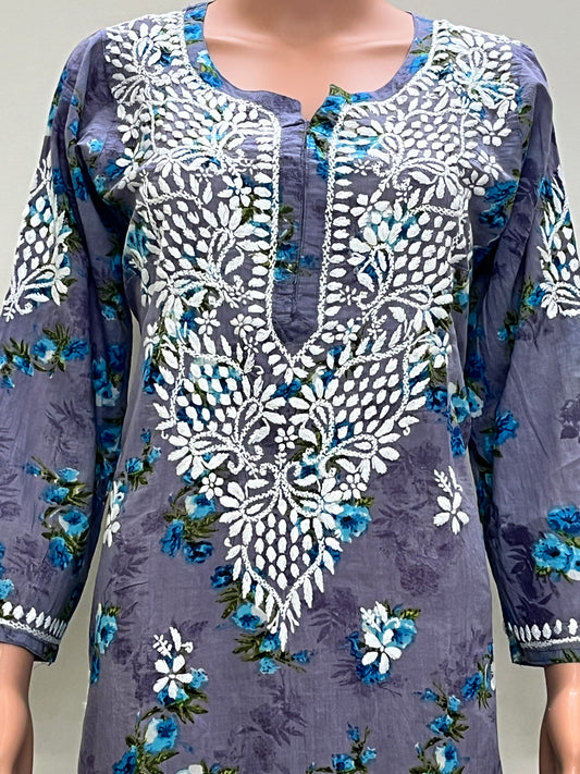 Mul Cotton Chikankari Printed Women's Long Kurta - Purple