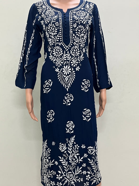 Modal Daman Long Chikankari Women's Kurta - Navi Blue