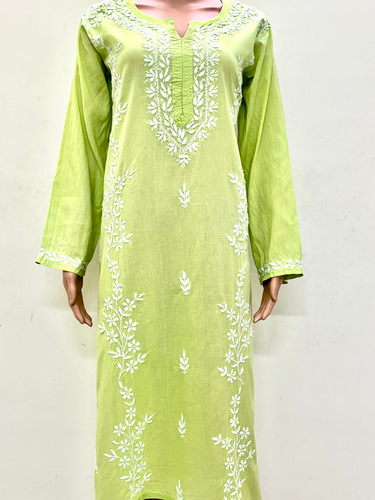Cotton Chikankari Solid Women's Long Kurta - Green