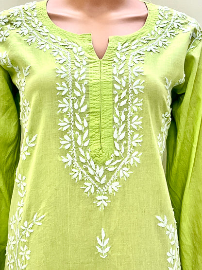 Cotton Chikankari Solid Women's Long Kurta - Green