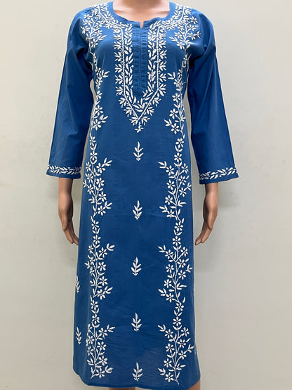 Cotton Chikankari Solid Women's Long Kurta - Blue