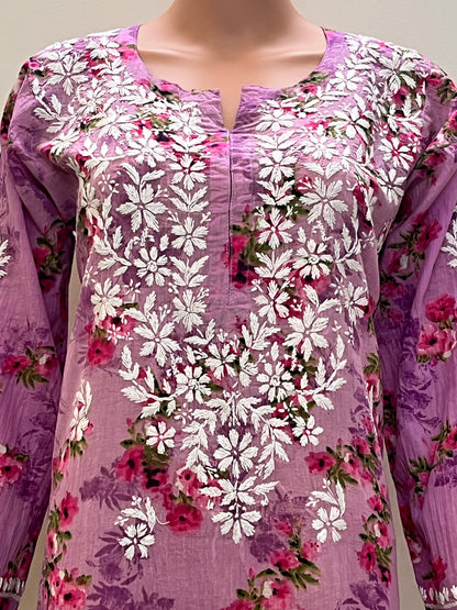 Mul Cotton Chikankari Printed Women's Long Kurta - Pink
