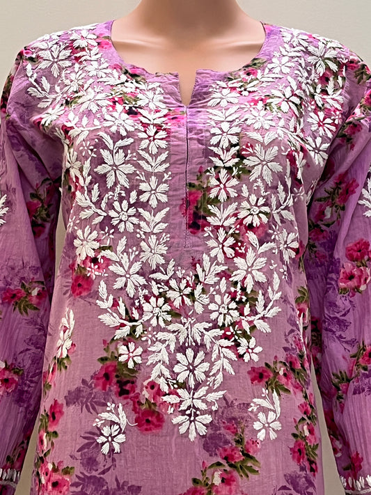 Mul Cotton Chikankari Printed Women's Long Kurta - Pink