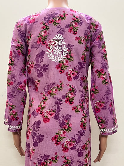 Mul Cotton Chikankari Printed Women's Long Kurta - Pink
