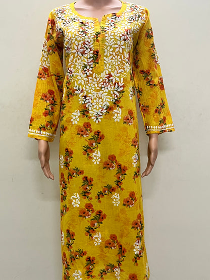 Mul Cotton Chikankari Printed Women's Long Kurta - Yellow