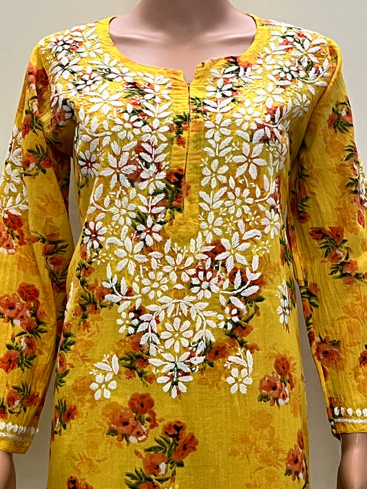 Mul Cotton Chikankari Printed Women's Long Kurta - Yellow