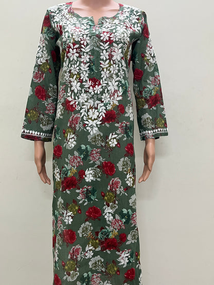 Mul Cotton Chikankari Printed Women's Long Kurta - Green