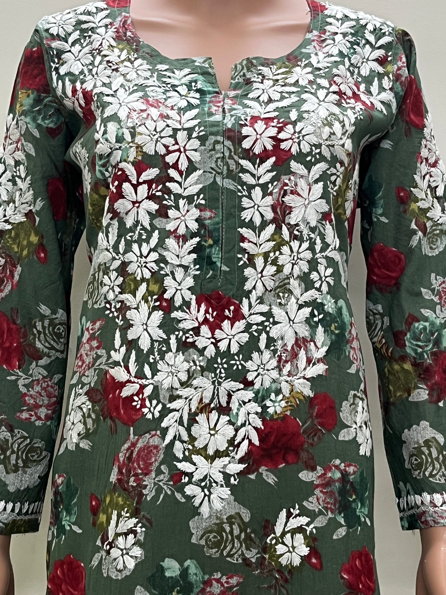 Mul Cotton Chikankari Printed Women's Long Kurta - Green