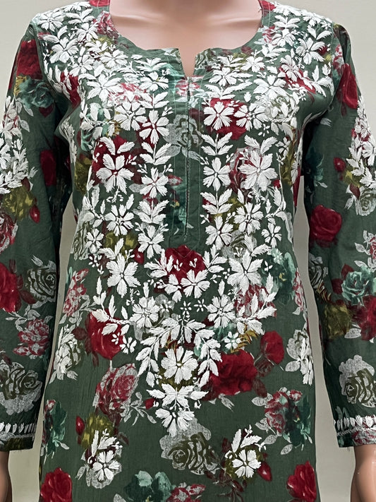 Mul Cotton Chikankari Printed Women's Long Kurta - Green