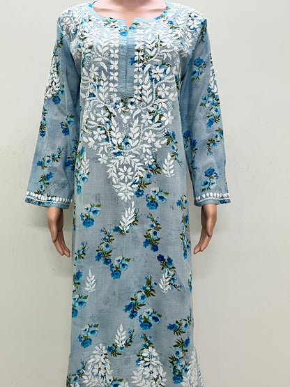 Mul Cotton Chikankari Printed Women's Long Kurta - Blue