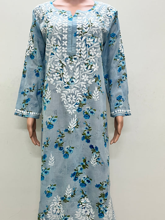 Mul Cotton Chikankari Printed Women's Long Kurta - Blue