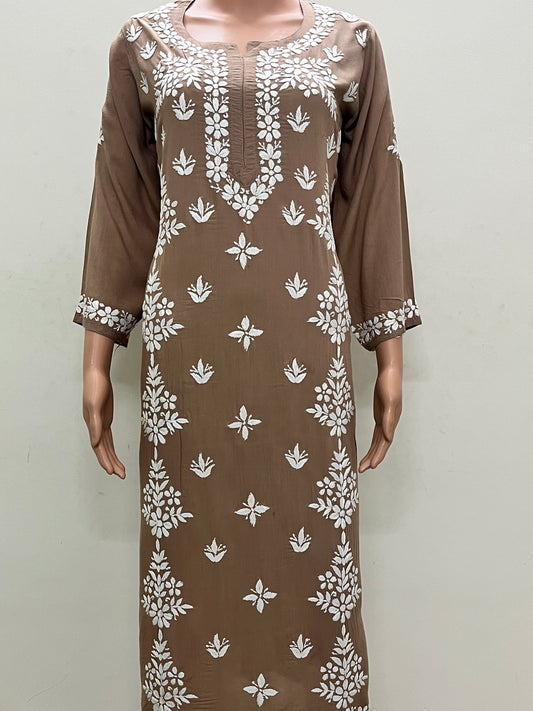 Modal Side Pannel Chikankari Women's  Long Kurta - Brown