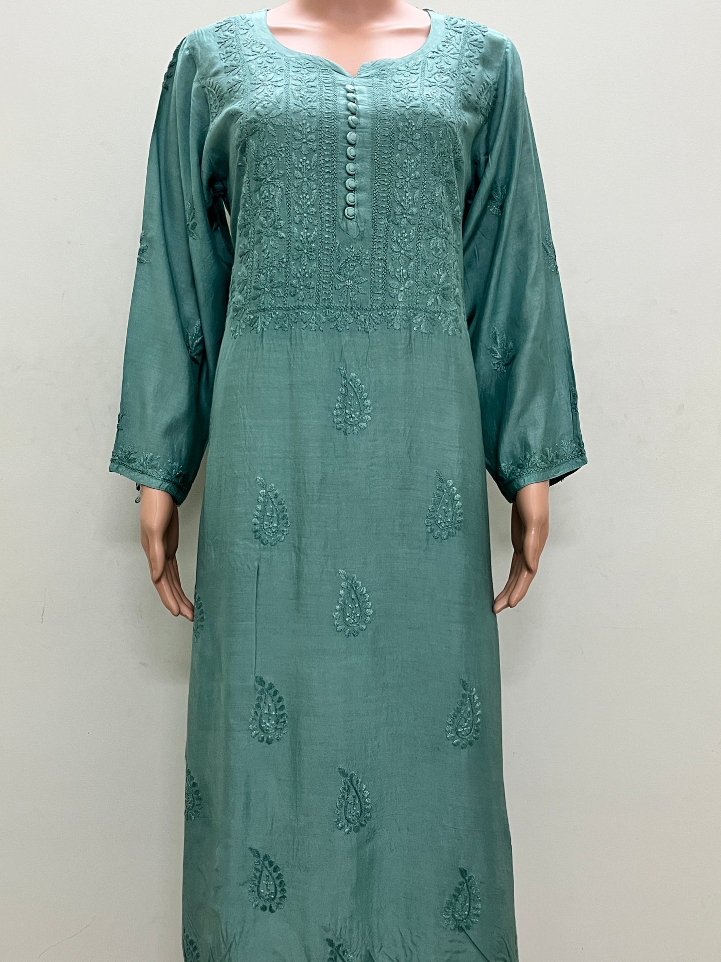 Muslin Chikankari Solid Women's Long Kurta - Green