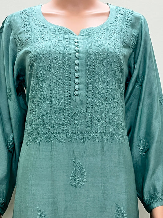 Muslin Chikankari Solid Women's Long Kurta - Green