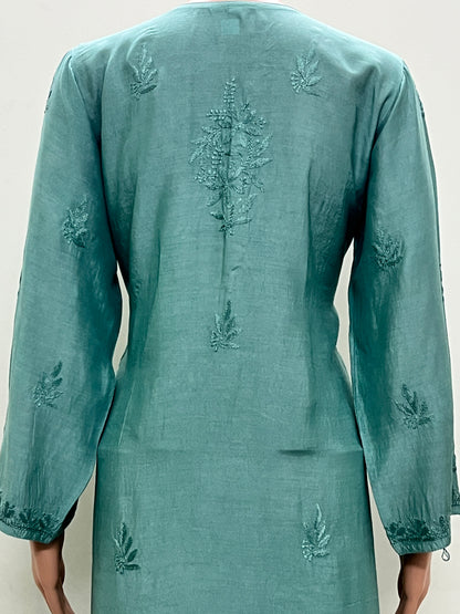 Muslin Chikankari Solid Women's Long Kurta - Green