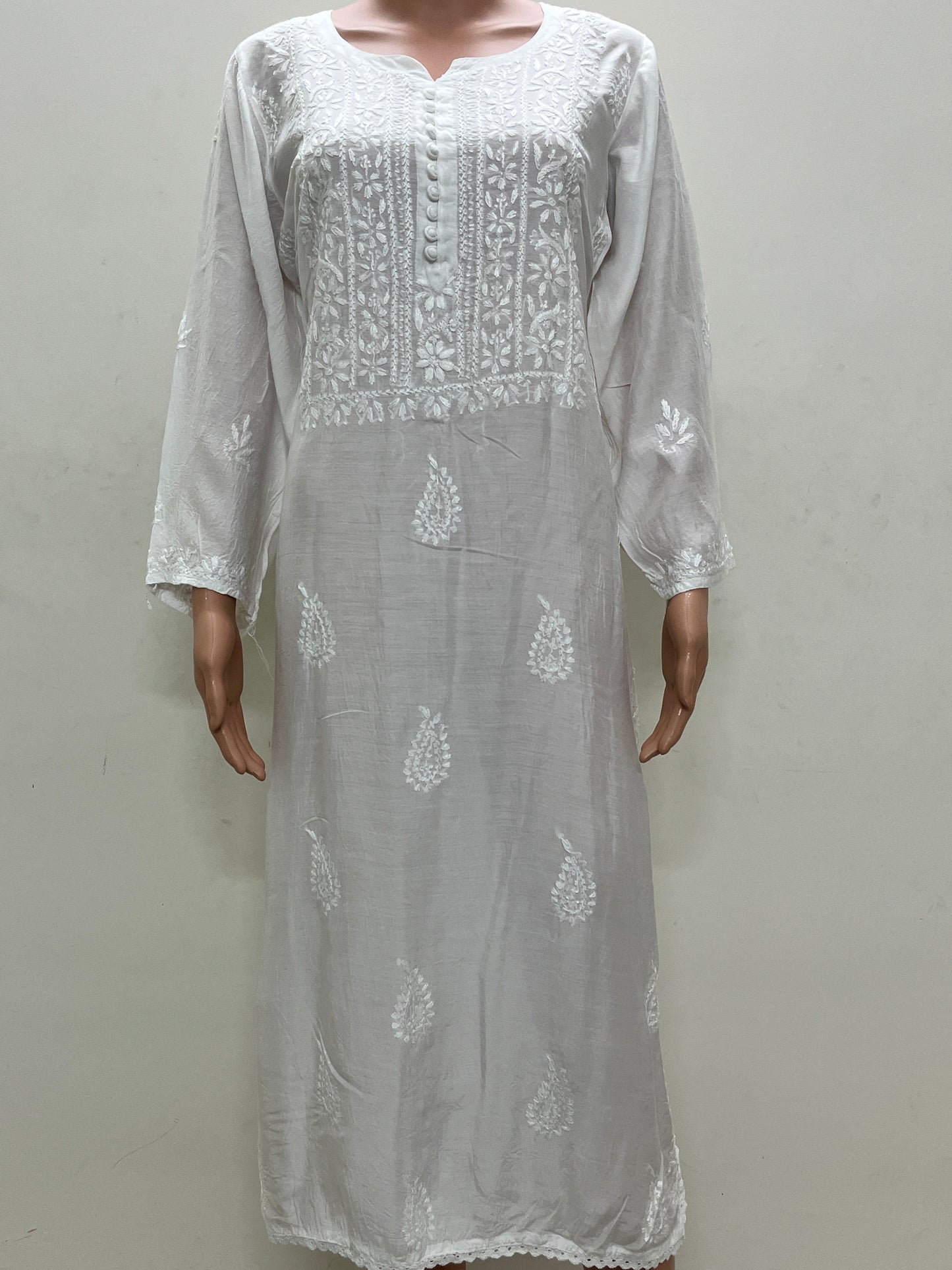 Muslin Chikankari Solid Women's Long Kurta - White