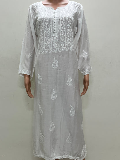 Muslin Chikankari Solid Women's Long Kurta - White