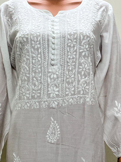 Muslin Chikankari Solid Women's Long Kurta - White
